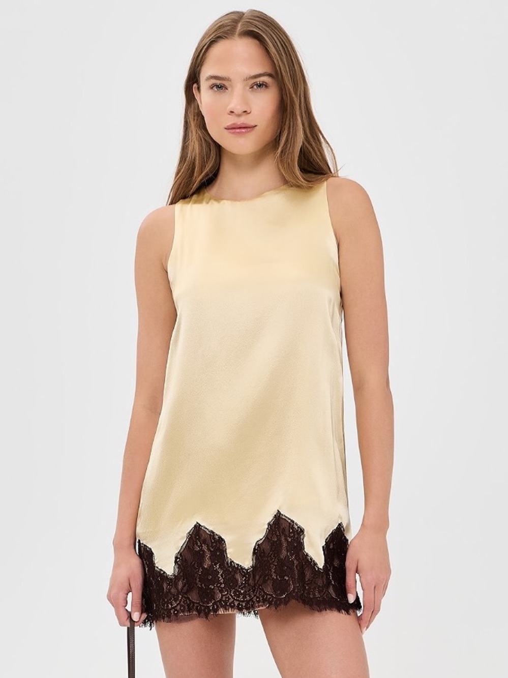 NWT Reformation Jessalyn Silk Lace Trim Sleeveless Mini Dress Blonde Gold Black